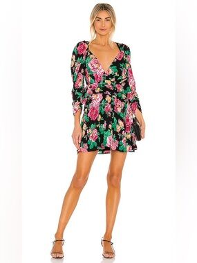 For Love and Lemons black floral pink green June backless mini dress size S